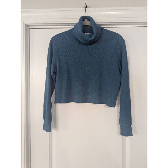 Aritzia TNA Waffle Knit Turtleneck women's size 2XS‎ blue thermal cropped L/S - Picture 1 of 6